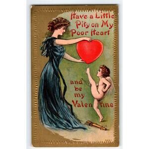 Vintage 1910s Valentine Postcard – Embossed Art Deco Cupid Scene – Gold Border